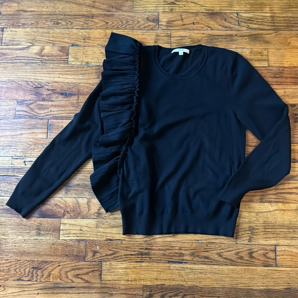 RHIÉ Black Side Ruffle Detail Long Sleeve Crewneck Sweater‎ Size XS